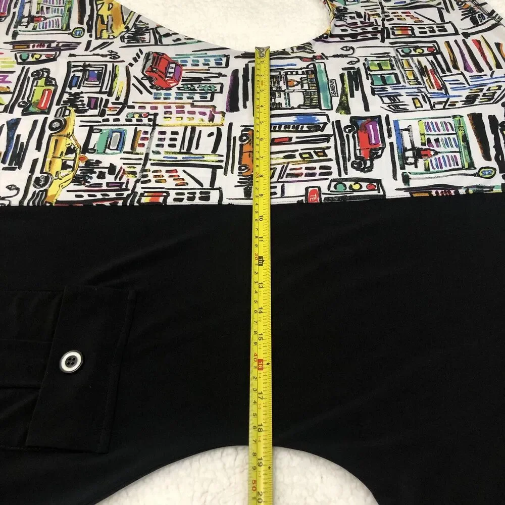Joseph Ribkoff Dress Size 14/XL Black City Print Jersey Stretch Artsy Whimsical